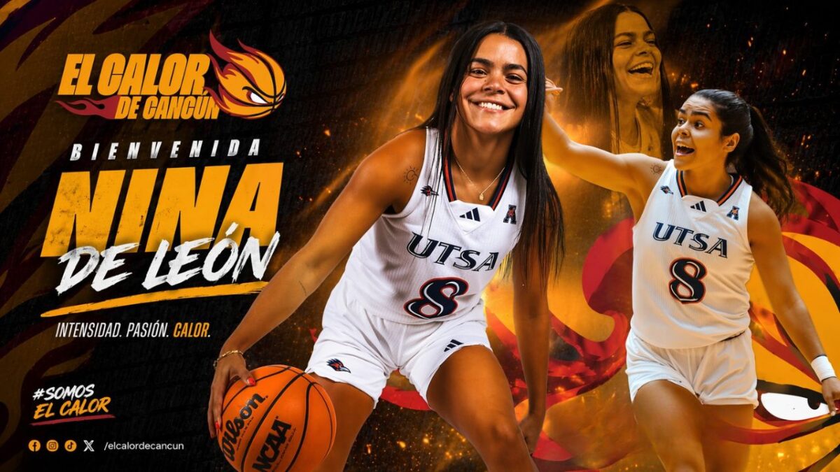 Combinación de imágenes de Nina León en un cartel realizado con IA que la muestra con un balón en la mano. El gráfico dice "Bienvenida Nina de León"; es el nuevo refuerzo de El Calor de Cancún Femenil.