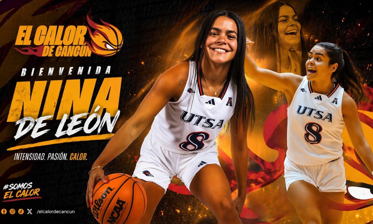 Combinación de imágenes de Nina León en un cartel realizado con IA que la muestra con un balón en la mano. El gráfico dice "Bienvenida Nina de León"; es el nuevo refuerzo de El Calor de Cancún Femenil.