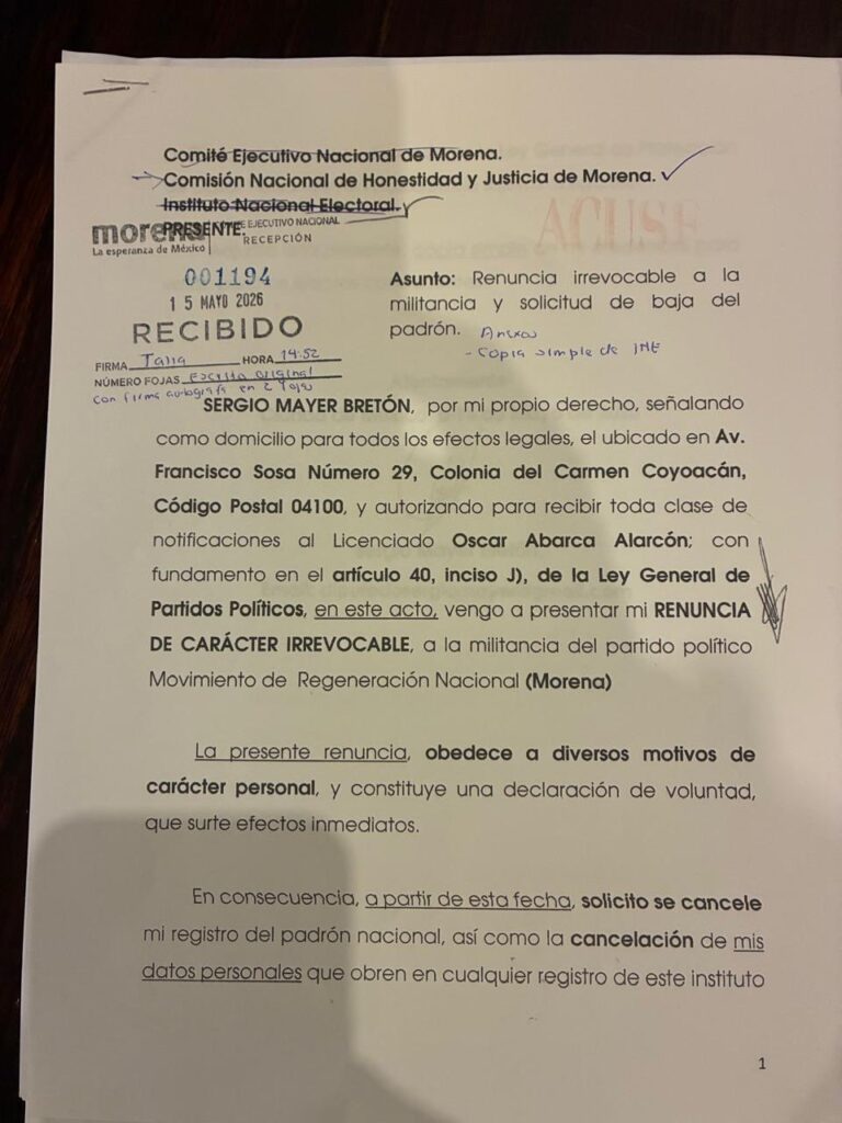 Sergio Mayer renuncia a Morena de forma definitiva e irrevocable