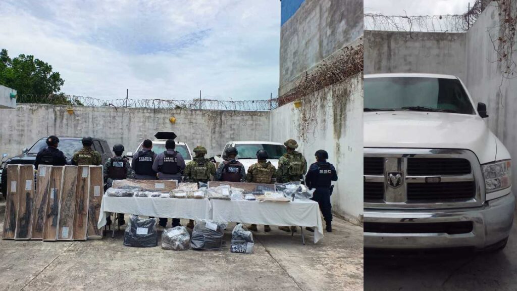 Aseguran drogas, armas y camionetas en Bacalar.