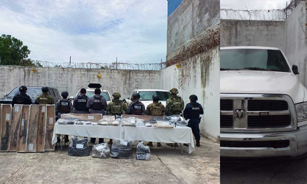Aseguran drogas, armas y camionetas en Bacalar.