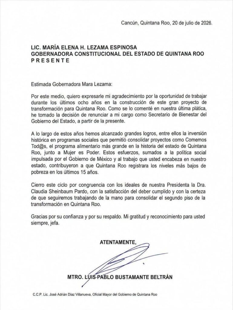 Renuncia Pablo Bustamante a Bienestar; agradece a Mara Lezama