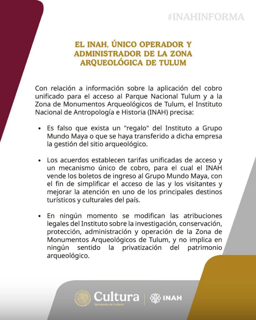 INAH rechaza privatización de la Zona Arqueológica de Tulum