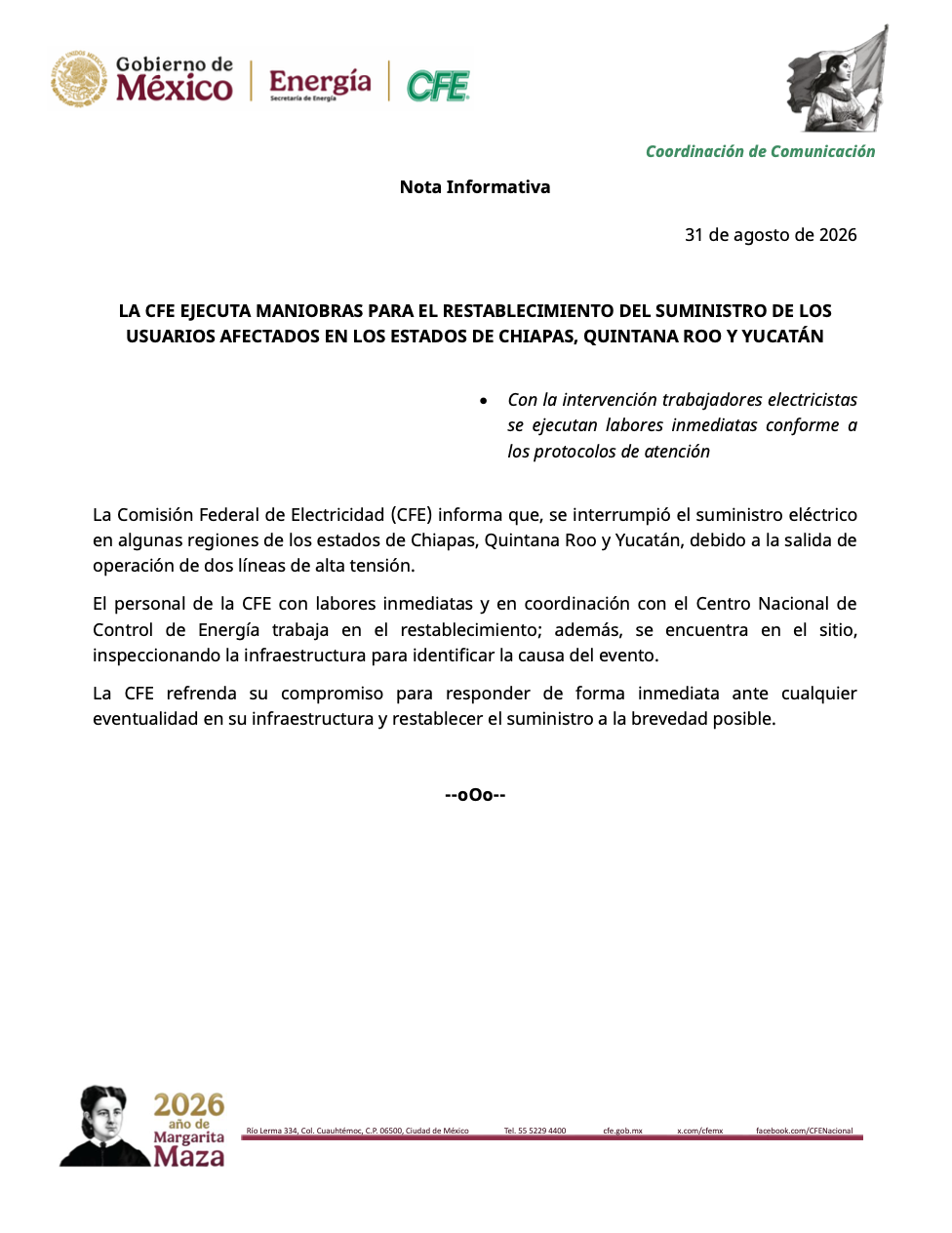 Apagón de CFE afecta a Quintana Roo, Yucatán y Chiapas