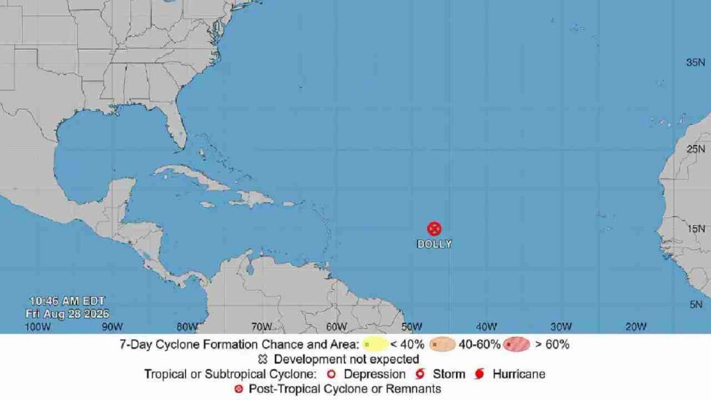 Dolly se debilita a baja presión remanente en el Atlántico mientras sigue su avance