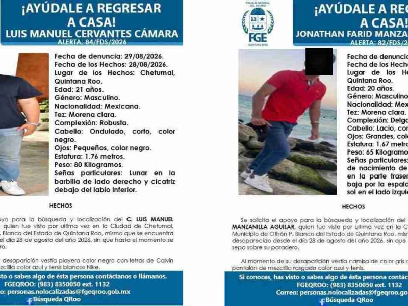 Localizan con vida a dos de tres jóvenes desaparecidos en Chetumal