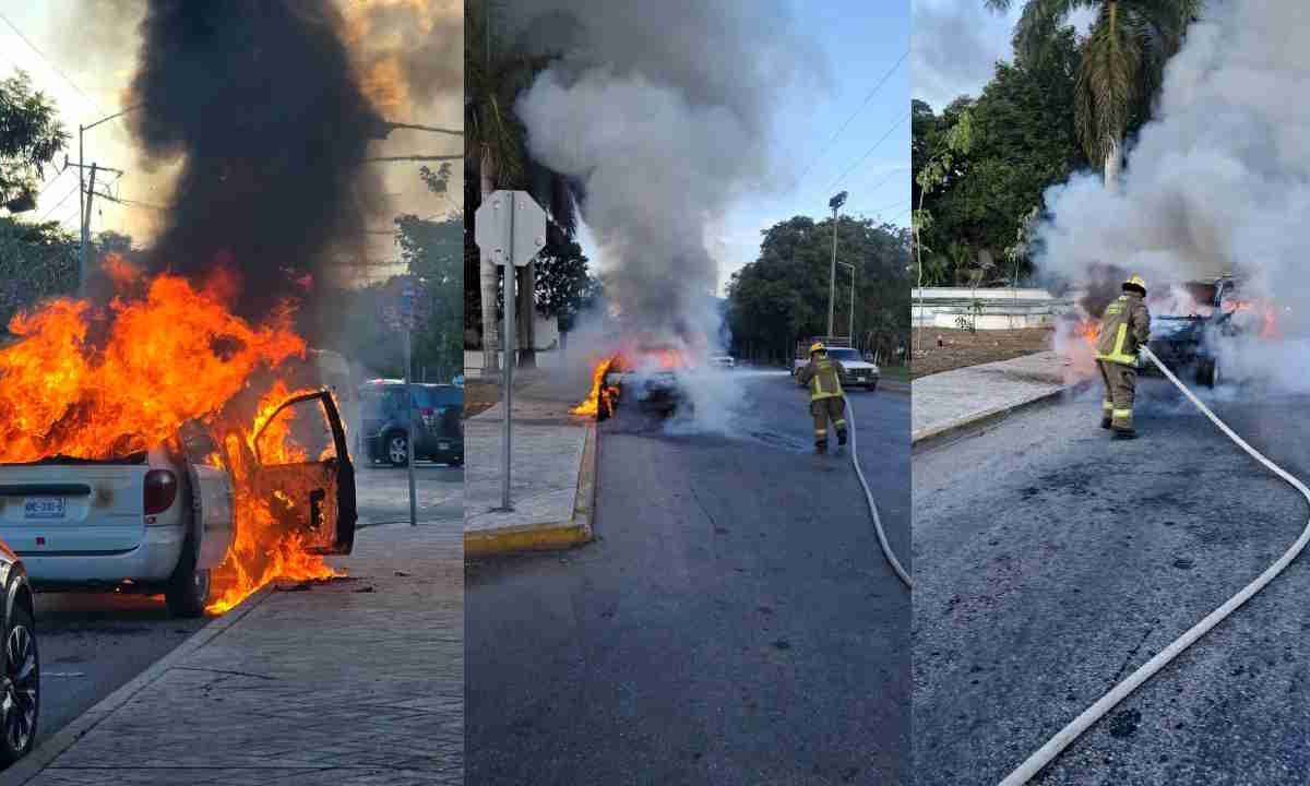 Arde camioneta en Cancún.
